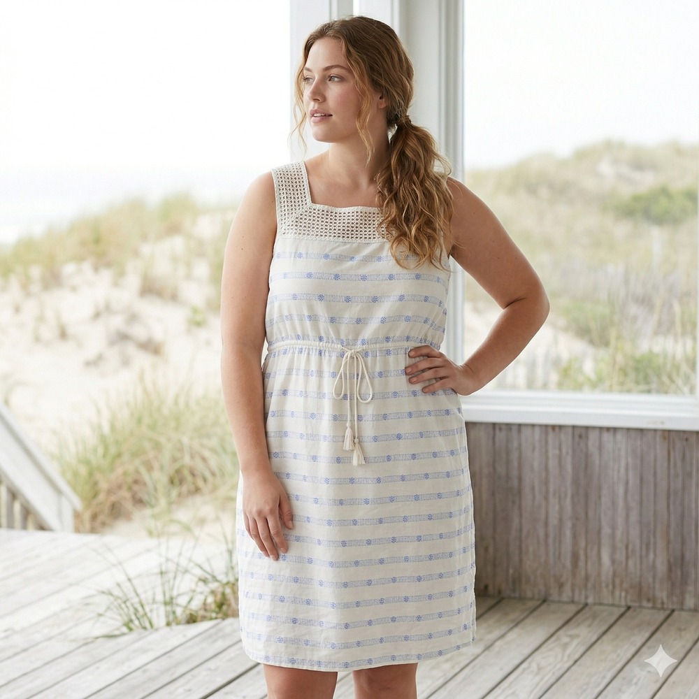 Old Navy Womens Linen Dress XXL Cream Blue Striped Crochet Lace Coastal Summer